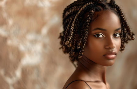 A serene portrait of a young woman with braids, depicting elegance and cultural beauty. A.I.の素材