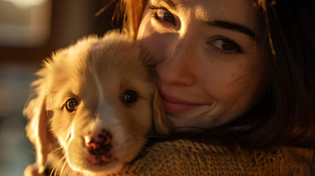 A woman hugging a cute golden puppy, showcasing love and companionship in a homely setting. A.I.の素材