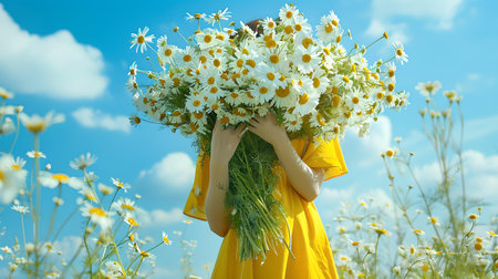 A person obscured by a massive bouquet of white daisies stands in a sunny, flower-filled meadow. A.I.の素材