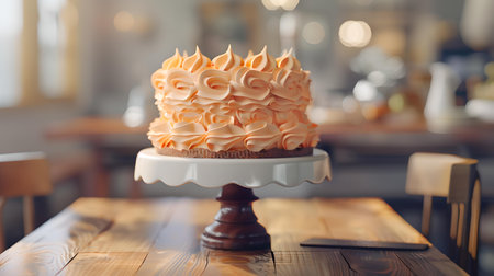An appetizing meringue cake displayed on a vintage cake stand highlights culinary aesthetics in a cafe environment. A.I.の素材