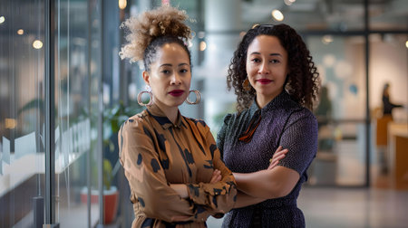Two professional women in a corporate environment exude confidence and teamwork against a modern office backdrop. A.I.の素材