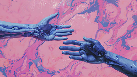 Stylized hands in vivid blue and purple hues extend toward each other against a swirling backdrop. A.I.の素材