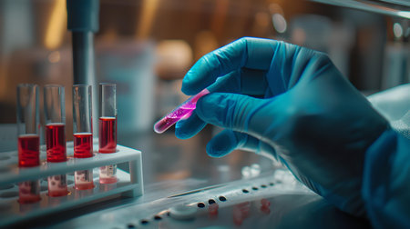 Close-up of a gloved hand holding a test tube in a lab. representing medical research, science innovation, and healthcare advancement. A.I.の素材