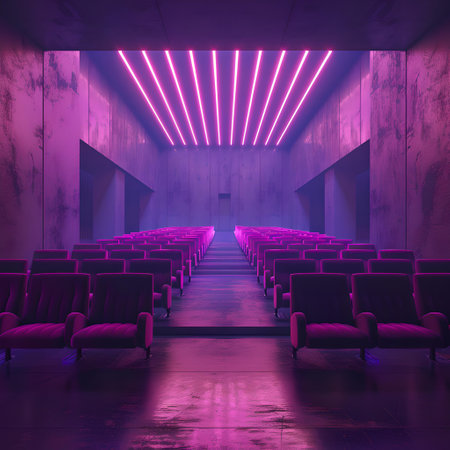 A futuristic movie theater with vibrant purple neon lights and empty seats creating a surreal ambiance. A.I.の素材