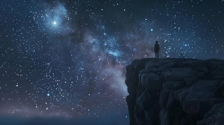 A solitary figure stands on a cliff overlooking a vast star-filled sky, evoking wonder and solitude. A.I.の素材