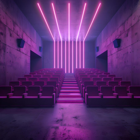 Modern empty cinema with glowing neon lights in pink and purple tones, showcasing contemporary design. A.I.の素材