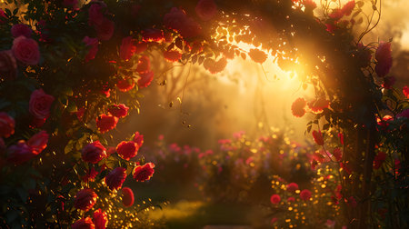 Mystical sunset illuminating a rose-covered arch in a serene forest setting evokes wonder and romance. A.I.の素材