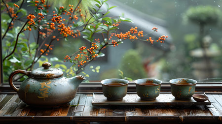 A serene traditional tea set on a wooden table with a rainy backdrop, capturing tranquility. A.I.の素材