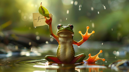 Illustration of a cute frog with a leaf umbrella under raindrops, evoking fun and joy. A.I.の素材