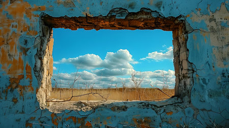 A tranquil scene captured through a weathered wall opening, showcasing a crisp blue sky dotted with clouds. A.I.の素材