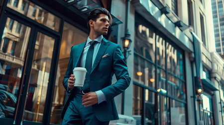 A well-dressed man strides through city streets, exemplifying contemporary business fashion and urban life. A.I.の素材