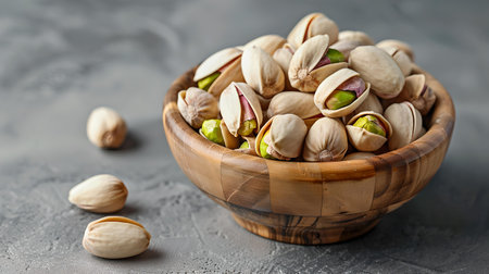 A close-up image showcasing shelled pistachios in a bowl, ideal for food and health themes. A.I.の素材