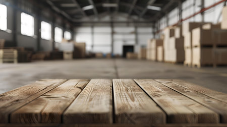 Wooden surface with a spacious, unfocused warehouse interior perfect for product mockups. A.I.の素材