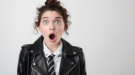 Surprised young female in leather jacket with open mouth. Perfect for advertisement, emotional concept. A.I.の素材