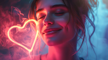 Artistic image of a woman with radiant smile. Neon heart symbolizes love and happiness. Ideal for creative projects. A.I.の素材