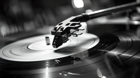 Black and white photo of a turntable needle on a record, symbolizing retro music and audio technology. A.I.の素材