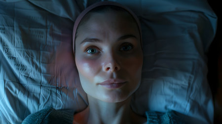 Serene young woman lying in bed, night scene with calm and contemplative expression, ideal for wellness content. A.I.の素材