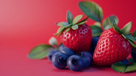 Ripe strawberries and blueberries on red, symbolizing freshness and health. Ideal for culinary themes. A.I.の素材