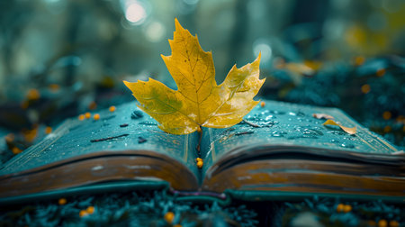 Yellow leaf rests on wet pages of an open book amidst a tranquil backdrop, a serene autumn reading scene. A.I.の素材