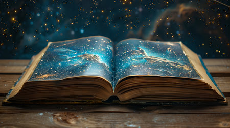 An open book with a vibrant galaxy bursting from its pages sits on a rustic table against a starry backdrop. A.I.の素材