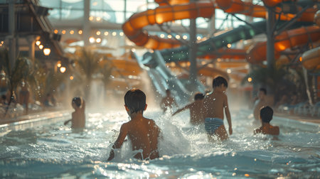 Kids play in a pool with water slides in the background, depicting joy and leisure in an aquatic park. A.I.の素材