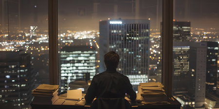 Silhouette of a contemplative man in office at night overlooking a cityscape. Perfect for corporate concepts. A.I.の素材