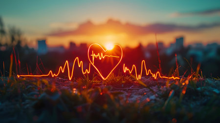Vibrant image of an ECG heart line forming a heart shape with a sunset background. Ideal for love and health themes. A.I.の素材