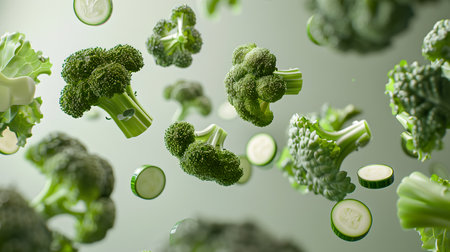 A captivating display of fresh green broccoli in a state of suspension, perfect for healthy eating themes. A.I.の素材