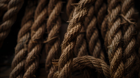 Detailed view of brown jute ropes showing natural texture and pattern, perfect for backgrounds. A.I.の素材