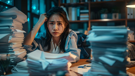 Young adult stressed due to excessive paperwork at office desk, concept of work overload and burnout. A.I.の素材
