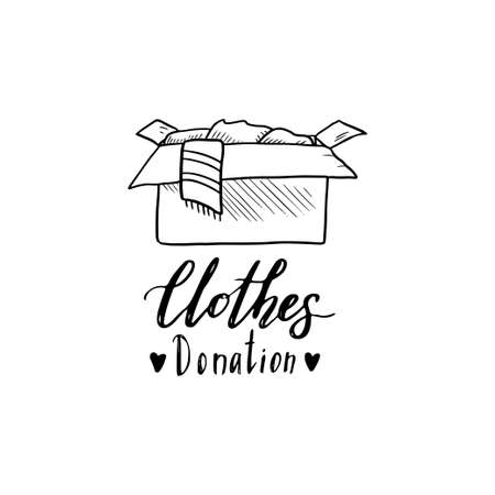 Hand drawn illustration with donation box and lettering text. Concept of clothes donate, charity, care concept. Doodle sketch style elements of clothes for logotype, banner, icon design. Vector illustration.のイラスト素材