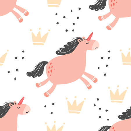 Unicorn seamless pattern of simple trendy cartoon style. Unicorn, magic horse, pony for kids and magic textile, wallpaper, fabric design.のイラスト素材