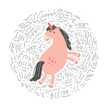 Unicorn of simple trendy cartoon style with elements. Unicorn of pink color for kids and magic textile, bag, t-shirt design. Isolated vector illustration.のイラスト素材