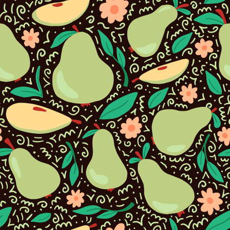 Seamless pattern of green pear with leaf, flower.のイラスト素材