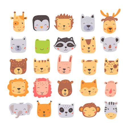 Big set of cute wild animals faces, bear, deer, panda, rabbit, fox. Isolated vector illustration animals for baby, kids, child project design. Hand drawn cute style.のイラスト素材