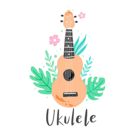 Cute cartoon ukulele for summer poster, card design with lettering text Ukulele. Little guitar, string music instrument of hawaii style.のイラスト素材