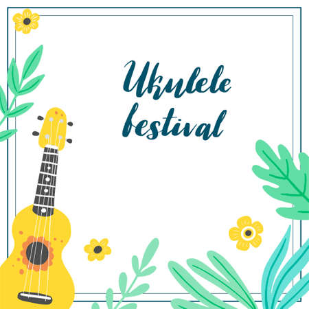 Cartoon ukulele with lettering text for summer, music poster template design. Small guitar with tropic leaf, floral decoration of hawaii style. Vector illuatration of hand drawn style.のイラスト素材