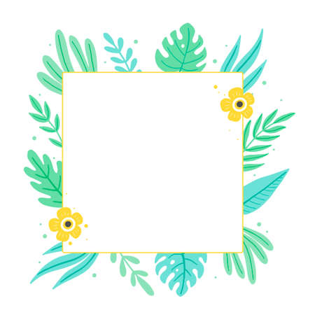 Tropical summer leaf frame for text border, greeting card, poster design. Exotic floral decoration of hawaii style. Vector illuatration of trendy style.のイラスト素材