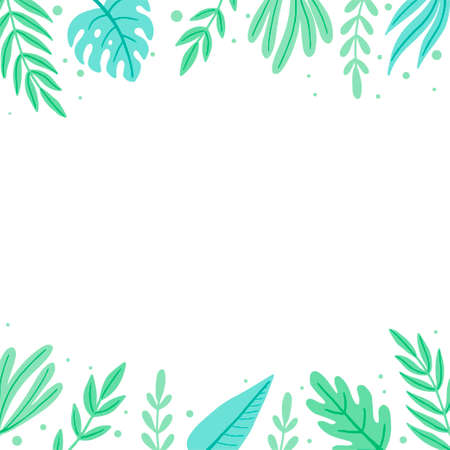 Tropical summer leaf frame for text border, greeting card, poster design. Exotic floral decoration of hawaii style. Vector illuatration of trendy style.のイラスト素材