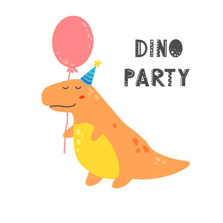 Cute dinosaur with lettering Dino party for kids, baby t-shirt, greeting card design. Funny little dino of hand drawn style. Vector illustration of dinosaur isolated on background.のイラスト素材
