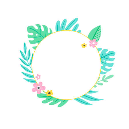 Tropical summer leaf circle frame for text border, greeting card, poster design. Exotic floral decoration of hawaii style. Vector illuatration of trendy style.のイラスト素材