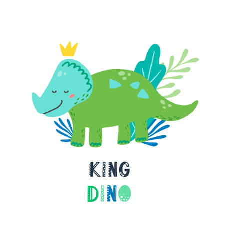 Cute dinosaur with lettering King dino for kids, baby t-shirt, greeting card design. Funny little dino of hand drawn style. Vector illustration of dinosaur isolated on background.のイラスト素材