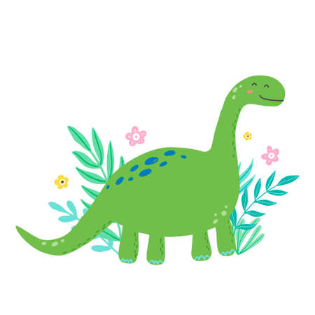 Cute dinosaur for kids, baby t-shirt, greeting card design. Funny little dino of hand drawn style. Vector illustration of dinosaur isolated on background.のイラスト素材