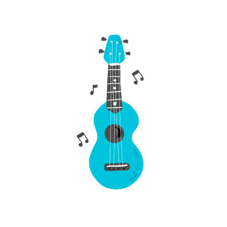 Cute cartoon ukulele for summer poster, card design. Little guitar, string music instrument of hawaii style. Vector illuatration of simple hand drawn style.のイラスト素材