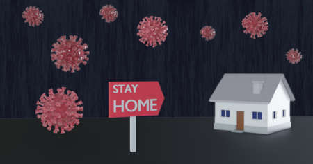 Virus and home 3d illustartion. Stay home, quarantine, coronavirus, COVID-19, corona virus, SARS-CoV-2, pandemic concept background for health, medical design. Coronavirus 3d rendering.の写真素材