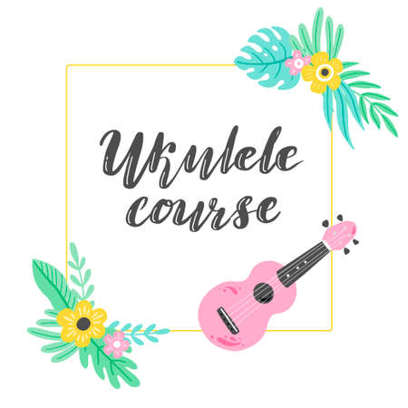 Cartoon ukulele with lettering text for ukulele course design template. Small guitar with tropic leaf, floral decoration of hawaii style. Vector illuatration of hand drawn style.のイラスト素材