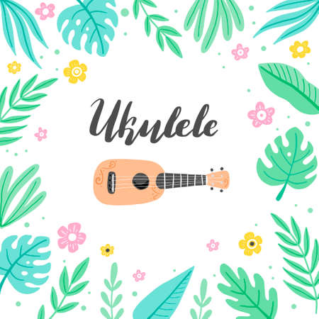 Cartoon ukulele with lettering text for summer, music poster template design. Small guitar with tropic leaf, floral decoration of hawaii style. Vector illuatration of hand drawn style.のイラスト素材