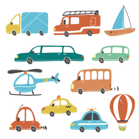 Set of cartoon cute kids and toy style cars and other transport, truck, taxi, police car, fire truck, ship, helicopter, excavator, bus, air balloon. Isolated vector illustration.のイラスト素材