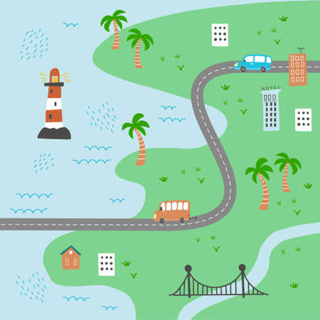 Cartoon cute kids map with car, road, city landscape elements. Cars, building, road of hand drawn, children toy style. Vector illustration.のイラスト素材