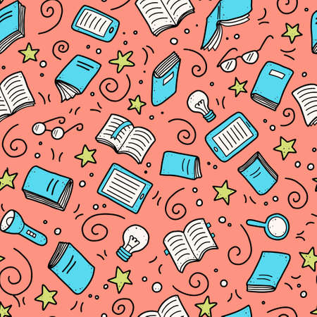 Hand drawn seamless pattern of book doodle elements, education symbols. Vector illustration for book store, reading club, learning, library wallpaper, texture concept design. Doodle sketch style.のイラスト素材